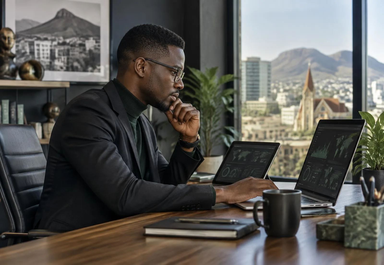 African technology entrepreneur working in a modern Windhoek office