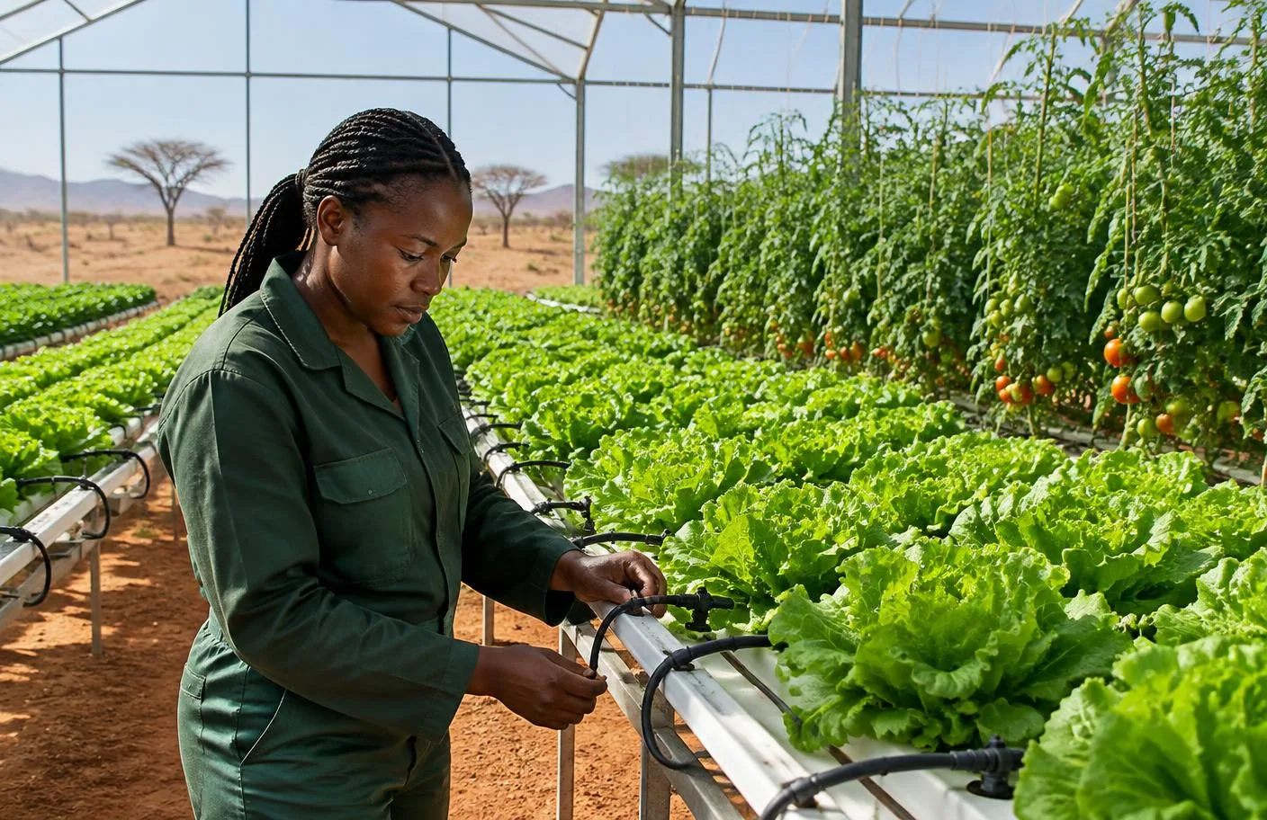 Namibian agricultural professional in a productive arid-land greenhouse